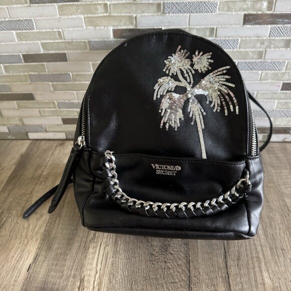 VICTORIA’S SECRET BLACK PALM TREE SMALL BACKPACK BAG MIAMI GOTHIC CHAINS STRAPS - Picture 1 of 12